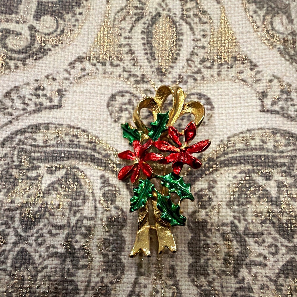 Gold Tone Metal Red & Green Flower Floral Brooch Pin, No Stone